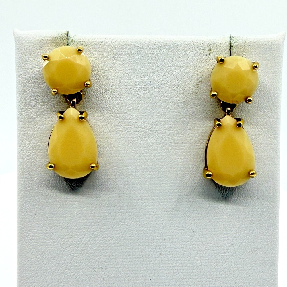 Gold Tone Drop Earrings Yellow Teardrop Stone Geometric Minimalist Style Gift